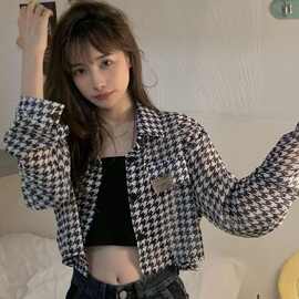 千鸟格衬衫外套女装春秋季2025新款设计感小个子短款上衣服ins潮