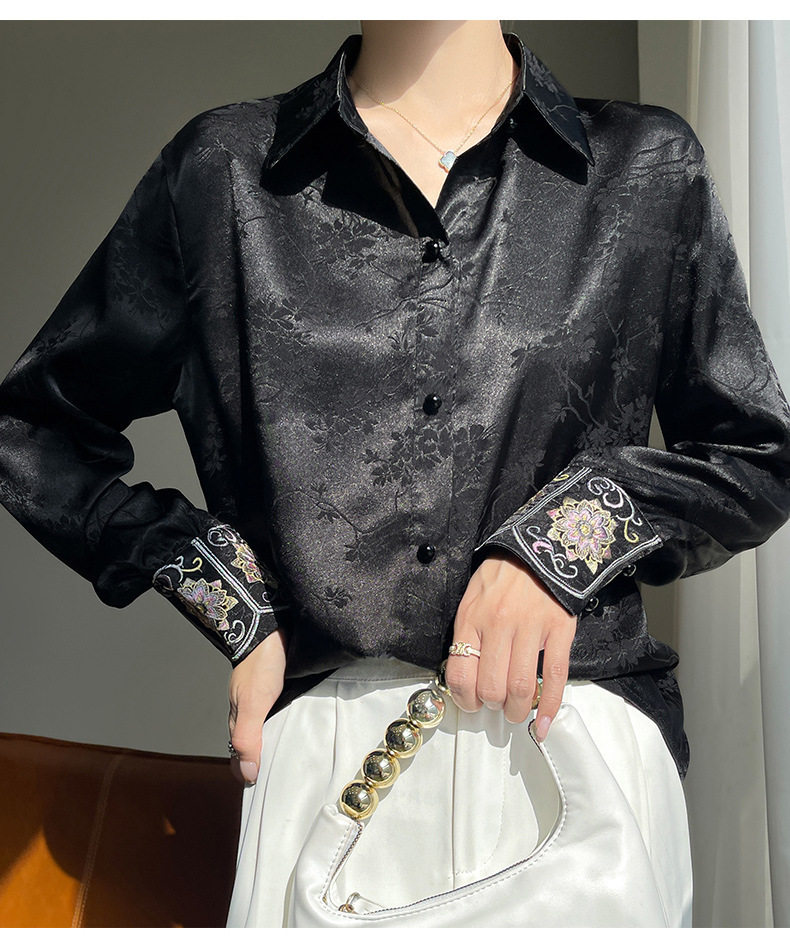 Áo sơ mi nữ dài tay cổ sơ mi thêu hoa văn jacquard chất satin cao cấp — Màu be, Màu hồng, Màu đen chi tiết 18