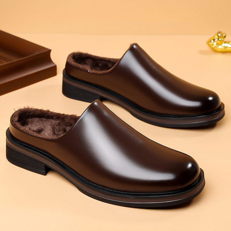 Dép mule nam bít mũi kiểu Derby lười đế dày cổ điển — Giày Brown Single, Giày đơn màu đen, Lông cừu đen, Màu nâu với fleece