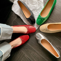 羊皮蝴蝶結平底鞋女鞋韓版蝴蝶結圓頭低跟鞋純色淺口單鞋女船鞋潮
