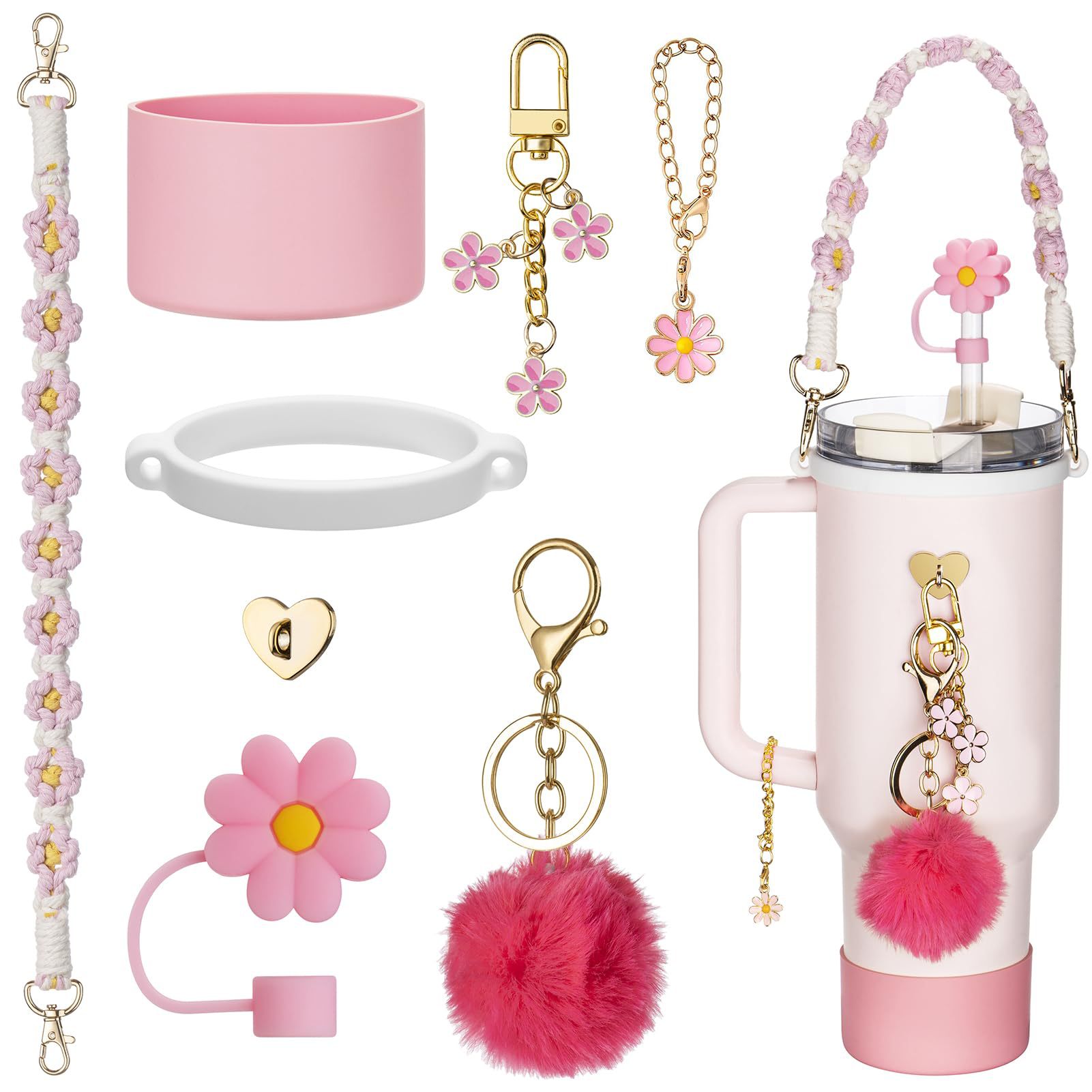 Ventas calientes accesorios de taza de agua stanley margarita cuerda de mano anillo de silicona gorra de paja flor bola de pelo de silicona taza de soporte