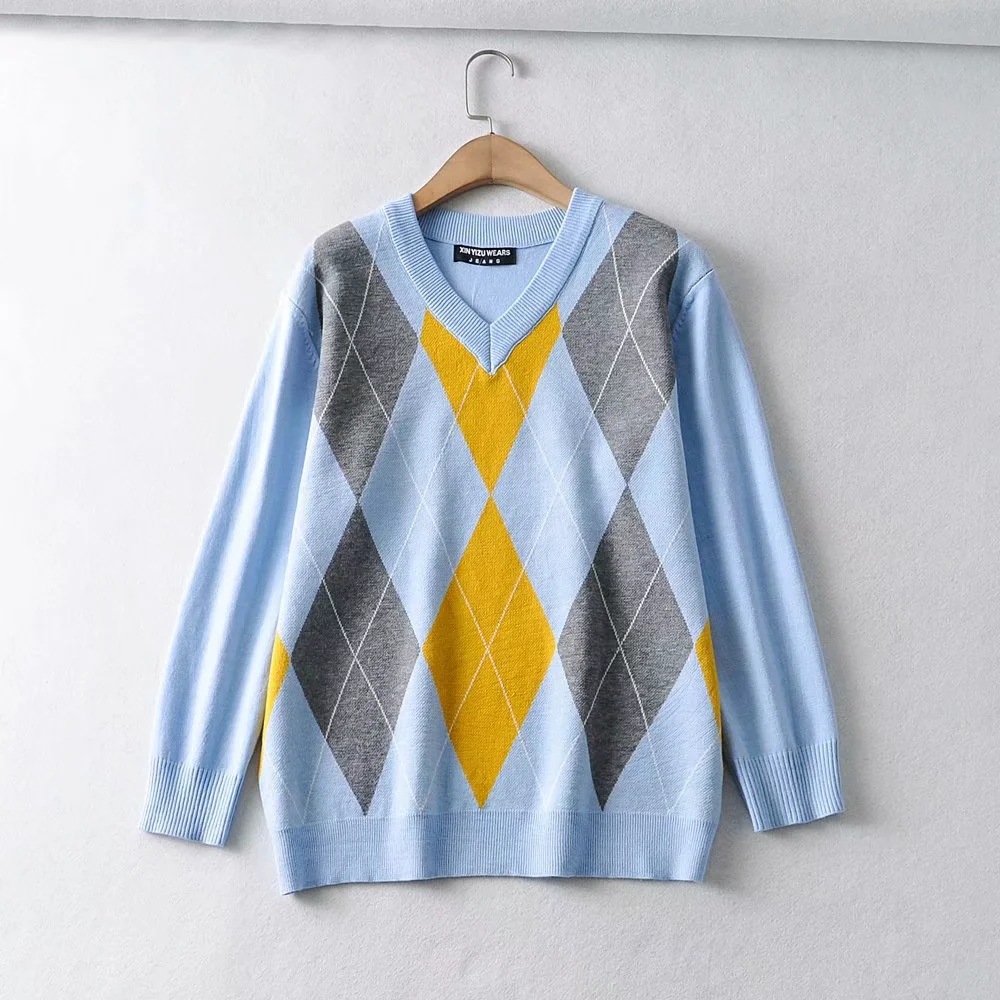 V-neck diamond lattice casual knitted sweater NSHS31873