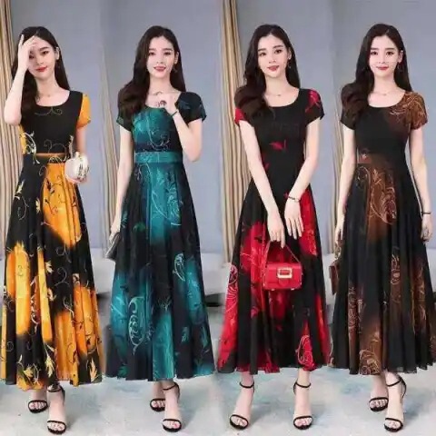 Summer New Korean Style plus size dress Women's Elegant Mother Wear Slim-fit Tight Waist Printed Stitching Light Mature Style Skirt
