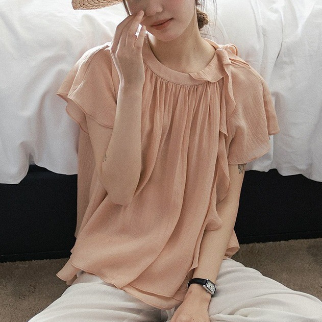 Lalaglo Half-Summer Sweet Dreams All-Tencel French Ruffle Double-Layer Ribbon Short-Sleeve Shirt for Women, Skin-Friendly and Breathable Lalaglo Half-Summer Sweet Dreams All-Tencel French Ruffle Double-Layer Ribbon Short-Sleeve Shirt for Women, Skin-Friendly and Breathable