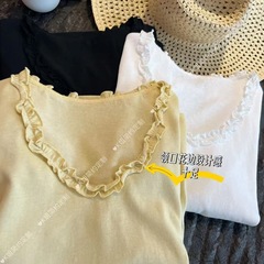 【レース半袖】襟レースデザイントップス夏薄手甘めゆったりUネック半袖Tシャツ