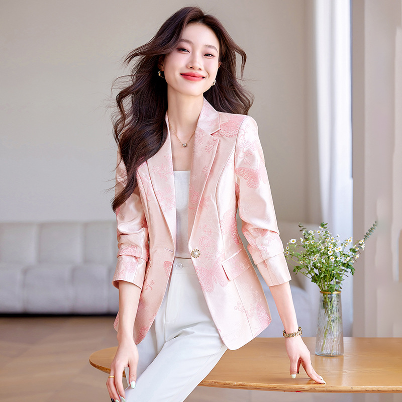 High-quality satin jacquard blazer for women, new style for spring and autumn 2025, elegant and slim fit.