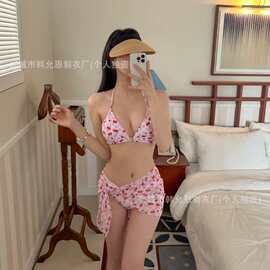 辣妹泳衣女性感比基尼三点式系绳樱桃印花可爱小胸bikin温泉+纱巾