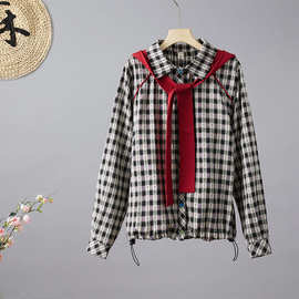 时尚格子拼接连帽衬衫女秋季新款宽松上衣2025年欧货大码衬衣