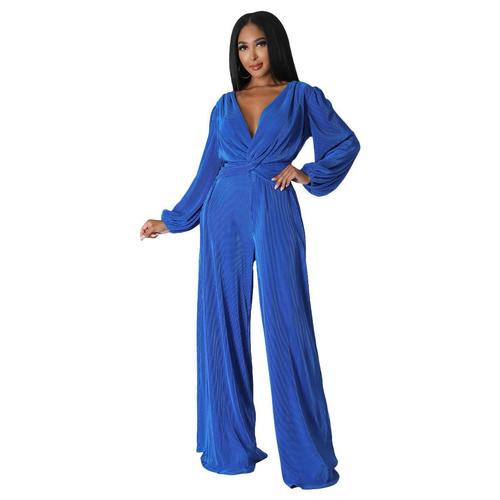 Y1264 Amazon European and American clothing autumn and winter new sexy V-neck folded long-sleeved high-waisted wide-leg jumpsuit