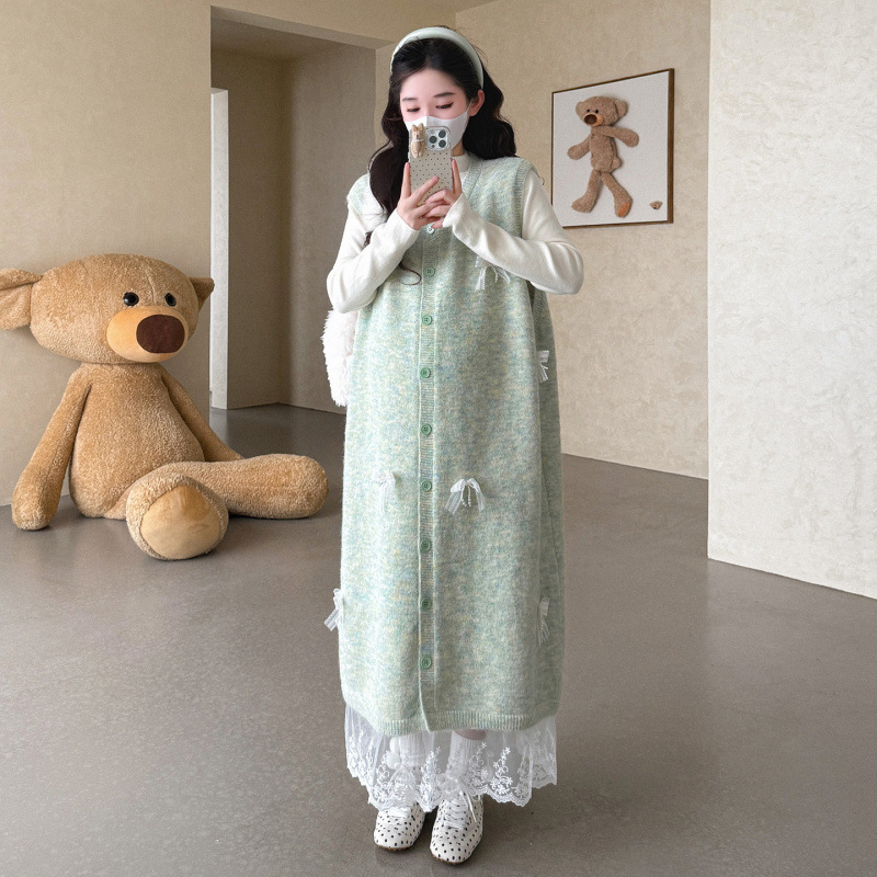 孕妇秋冬新款韩系蕾丝边毛衣蝴蝶结宽松马甲裙打底上衣甜美两件套|undefined
