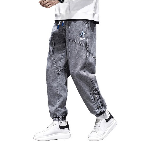 Large size plus fat plus fat plus men's pants, elastic Harlan loose overalls, casual jeans, men's