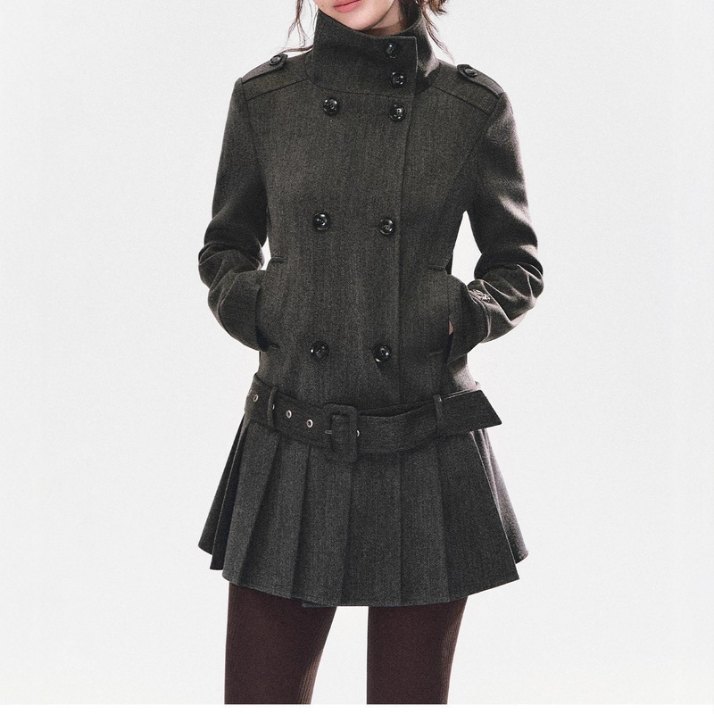 Stand Collar Pleated Coat Dress, Ancient Style Windbreaker Dress, Feminine Waist Slimming Commuting Top