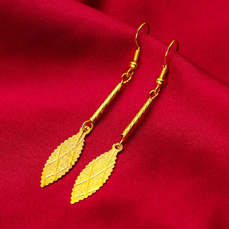 Vietnam sand gold leaf earrings women's brass genuine gold plated tassel long ear jewelry for a long time without fading