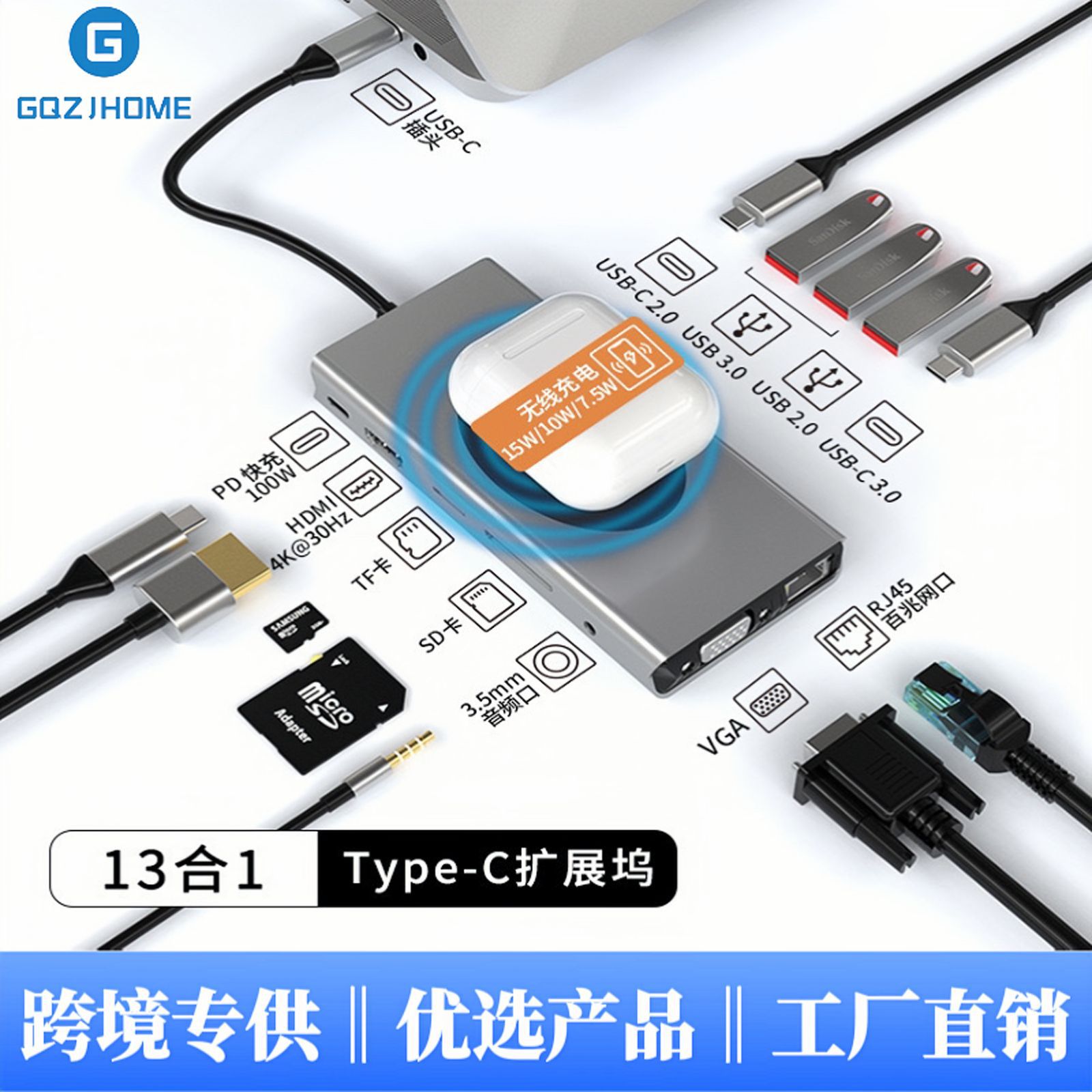 Type-c扩展坞 usb-c hubUSB3.0无线充拓展坞SD卡HDMI集线器13合1