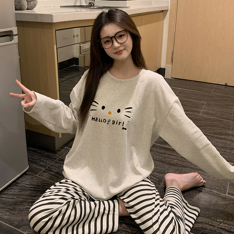 卡通少女纯棉长袖睡衣女春秋季可爱初中生女孩薄款休闲长裤家居服