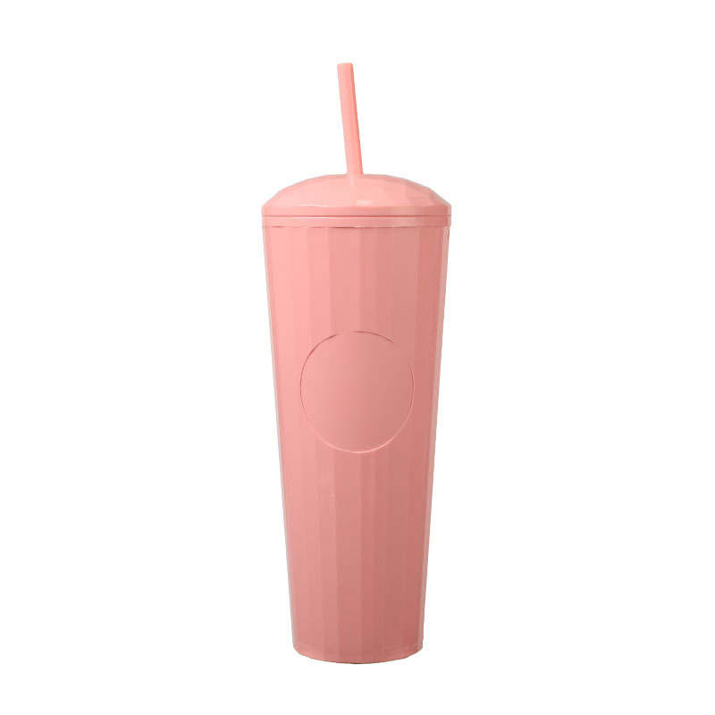 夏用女性向け二重構造シンプルプラスチックカップ 大人向けクリエイティブで持ち運びやすいおしゃれな冷水用ストロー付き携帯カップ|undefined