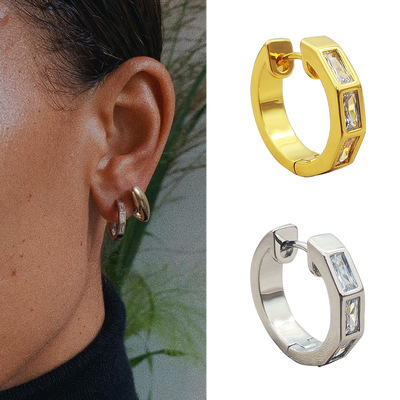 hoops耳环女式欧美锆石圆形复古小众黄铜耳饰圆圈镶钻饰品电镀24k