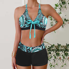 2025新款女士分体两件套泳衣欧美保守遮肚印花拼接比基尼外贸泳装