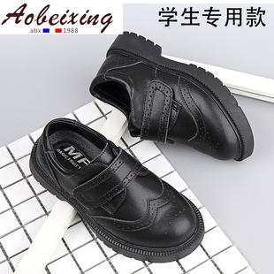 Genuine Leather Boys' Black Leather Shoes Performance Shoes Kidsren's Black British Style Student Shoes 2025 Boys' Small Leather Shoes Soft Sole