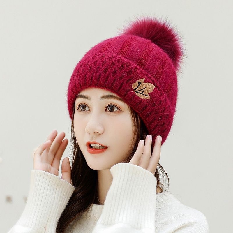 女性の秋と冬の多用途韓国スタイルのカエデの葉の刺繍ファッション厚いウールの帽子とベルベットの暖かいニットプルオーバー帽子|undefined
