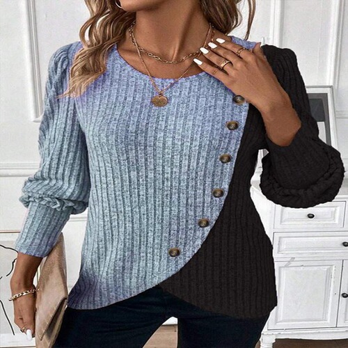 2024 new cross-border foreign trade European and American women Z round neck color-blocking pit strip cross hem long sleeve spring and autumn knitted T-shirt