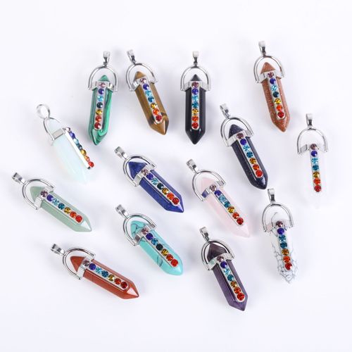 Cross-border best-selling natural amethyst and crystal white quartz hexagonal column pendant with multi-color water drill alloy necklace wholesale accessories