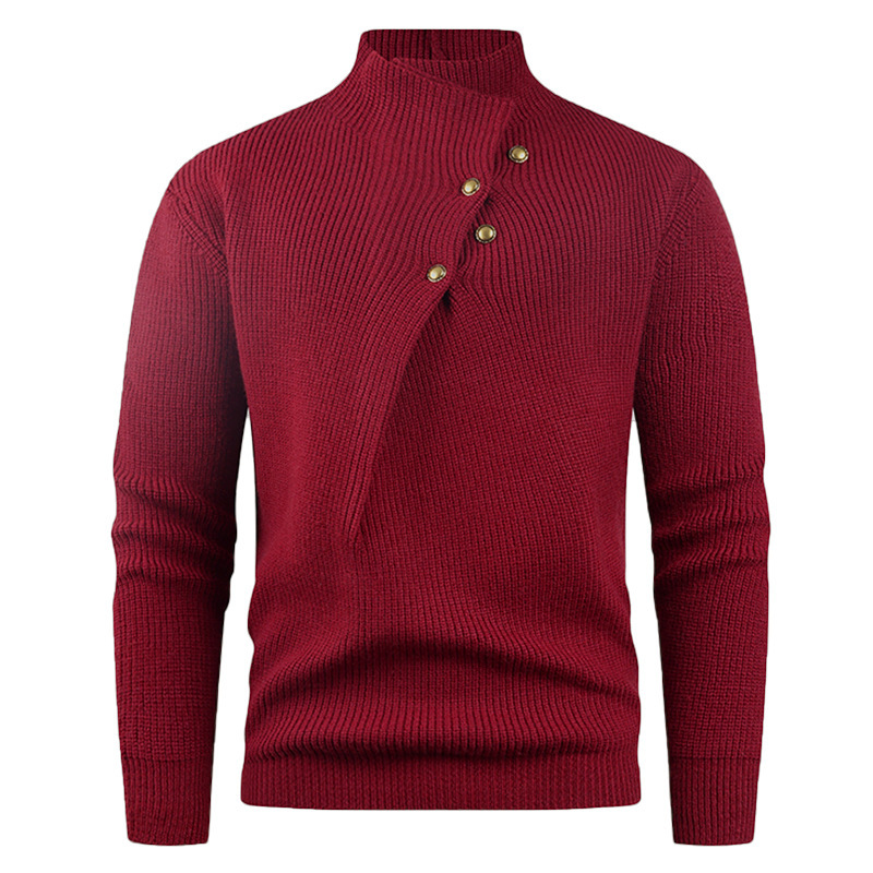 Mens Fashion Stand Collar Sweater With Slanted Buttons Mens Casual Pullover - Image 14