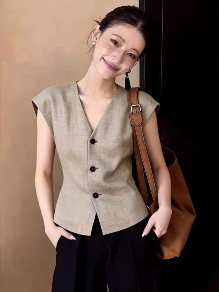 Áo vest gile nữ không tay công sở kiểu mới mùa xuân hè — màu kaki