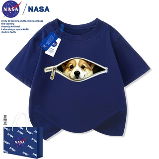 NASA卡通趣味印花男女童短袖T恤夏季潮流中大儿童纯棉半袖上衣服