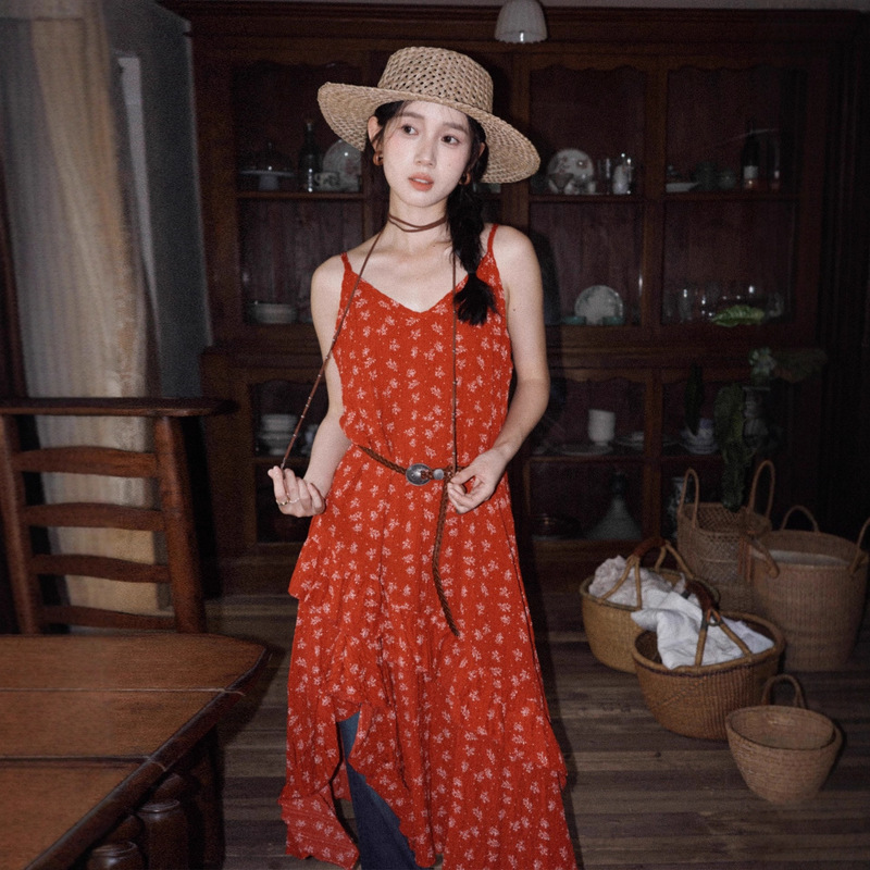 Bohemian Style Suspender Dress, Summer Red Retro Floral Skirt, Beautiful Long Skirt for Travel and Vacation Wear