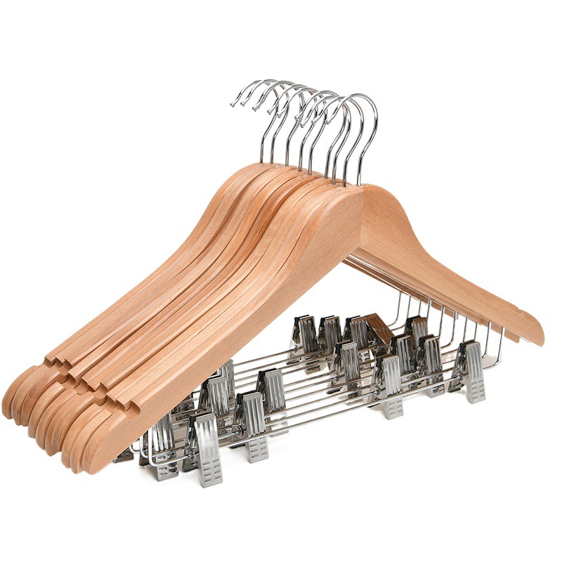 Traje de madera maciza Hotel percha Arce con clip ropa rack antideslizante sin costuras de alta gama Hotel percha de ropa para el hogar al por mayor