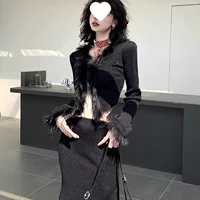 Плиссированная юбка, короткая кардиган, атмосферный комплект, длинная юбка, акцент на бёдрах, кроем "" (Fish tail), V-образный вырез