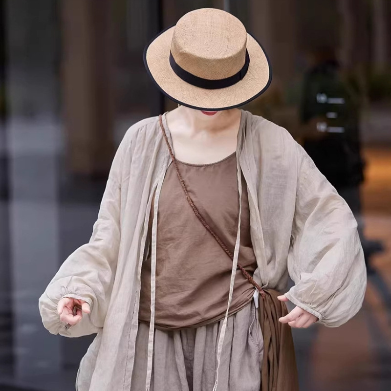 Spring and Summer Vintage-Style Original Hemp-Colored Ramie Blouse, Lightweight and Airy, Round V-Neck Casual Sun-Protective Shirt for Women