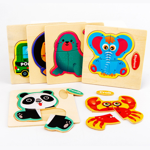 3D Puzzle for Children and Infants, Educational Toddler Intelligence Development Blocks, Cartoon Animal Car Wooden Toy