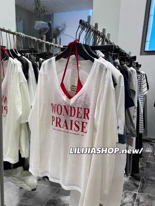 【工厂直销】人棉夏季V领印花防晒长袖t恤女挂脖吊带上衣两件套|undefined