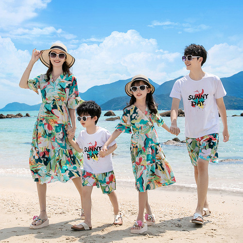 Beach Couple Summer Wear  Dress Suit Seaside Casual Vacation Couple Wear Parent-child Family of Four