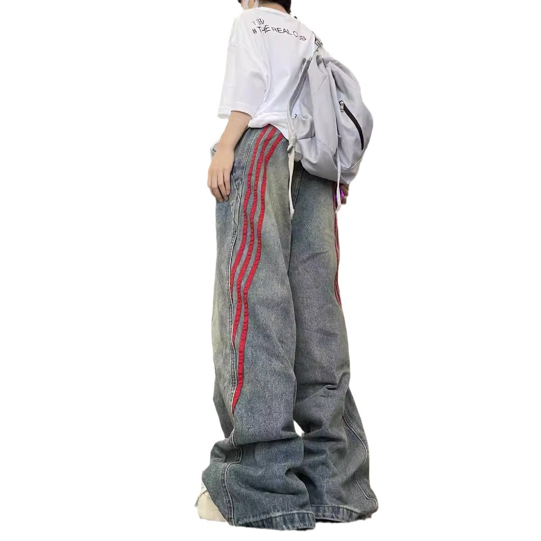 Vintage Jeans Men's and Women's Loose Trendy Brand Straight Barrel Stripe Stitching Casual Old Tooling Wide Leg Washed Jeans