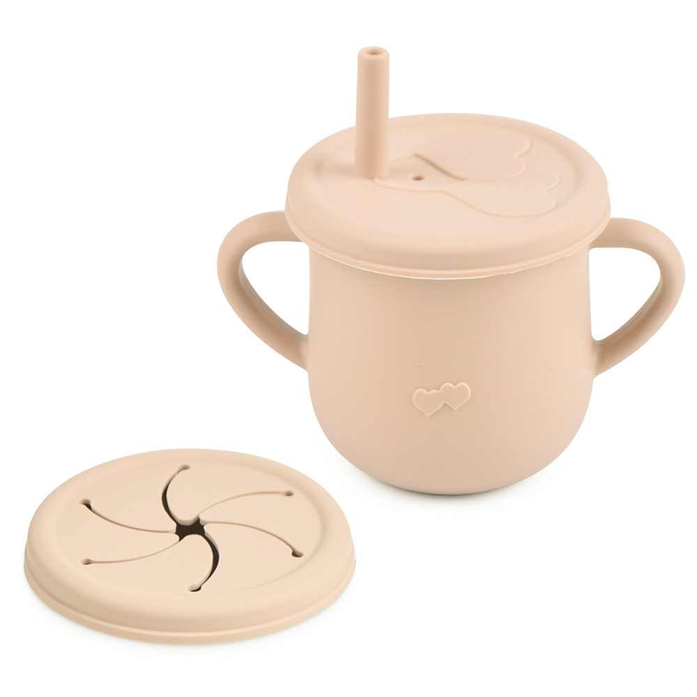 Silicona de grado alimenticio para niños snack Cup mango binaural portátil resistente a la caída con taza de paja de bebé taza de bebida de silicona
