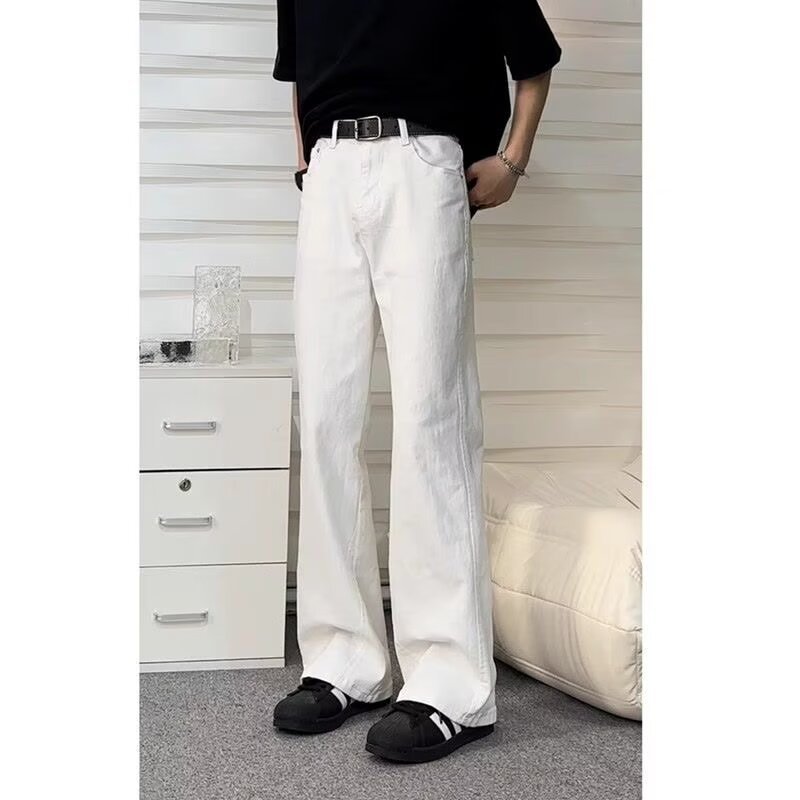 夏用の高級白ジーンズ、アメリカンバイブのマイクロフレアパンツ、男性用のゆったりとしたストレートレッグのトレンディなカジュアルパンツ|undefined