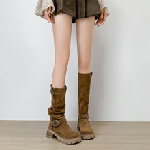 绒面弹力靴2024年新款瘦瘦靴不过膝长靴女厚底胖mm长筒靴骑士靴