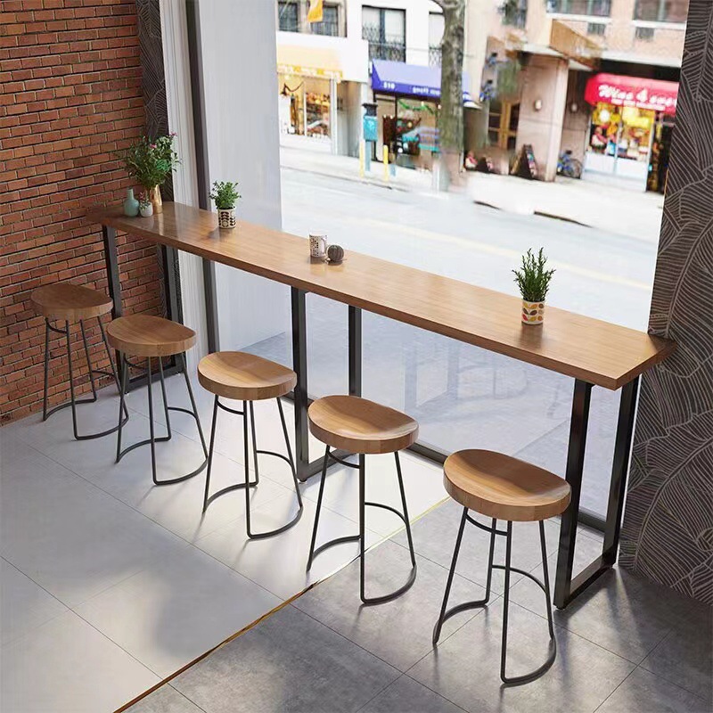 Milk Tea Shop Solid Wood Bar Table, Party Building Library, Narrow Table Against the Wall, Long Table, Bar High Table and Chair Combination