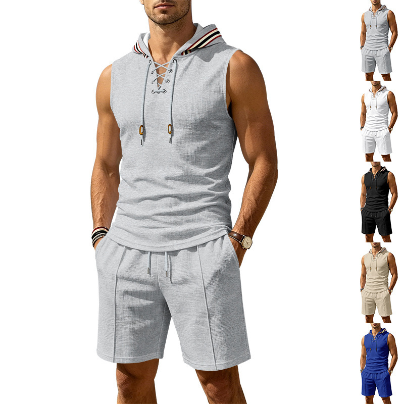 Men's Summer Hooded Vest And Shorts Set, Casual Loose Fit Breathable Athletic Two-Piece Outfit With Color Block Design_viptrois.com