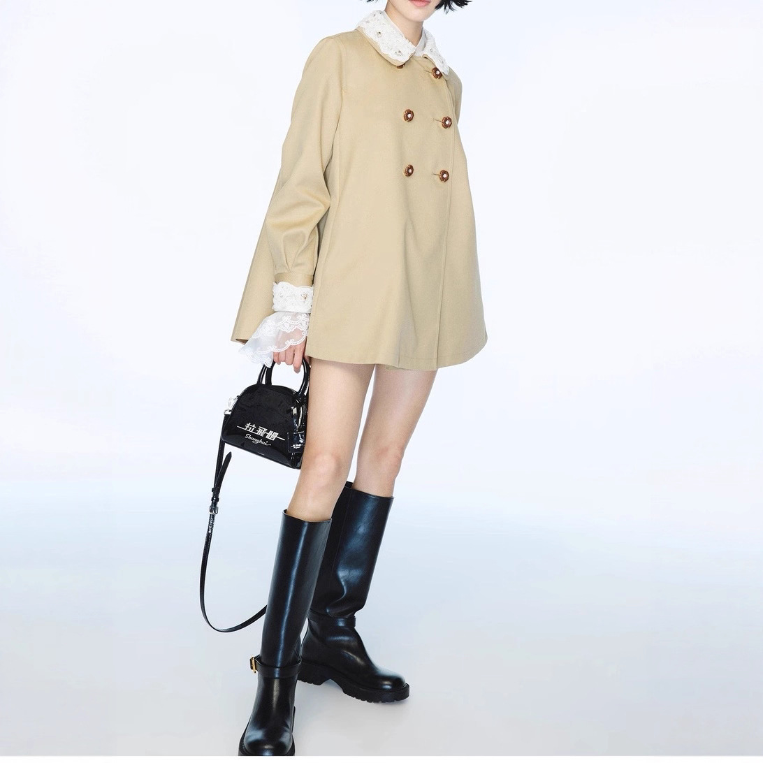 [Same Style as Zhao Meiyuan] 2025 New Autum Khaki Lace Doll Collar Windbreaker