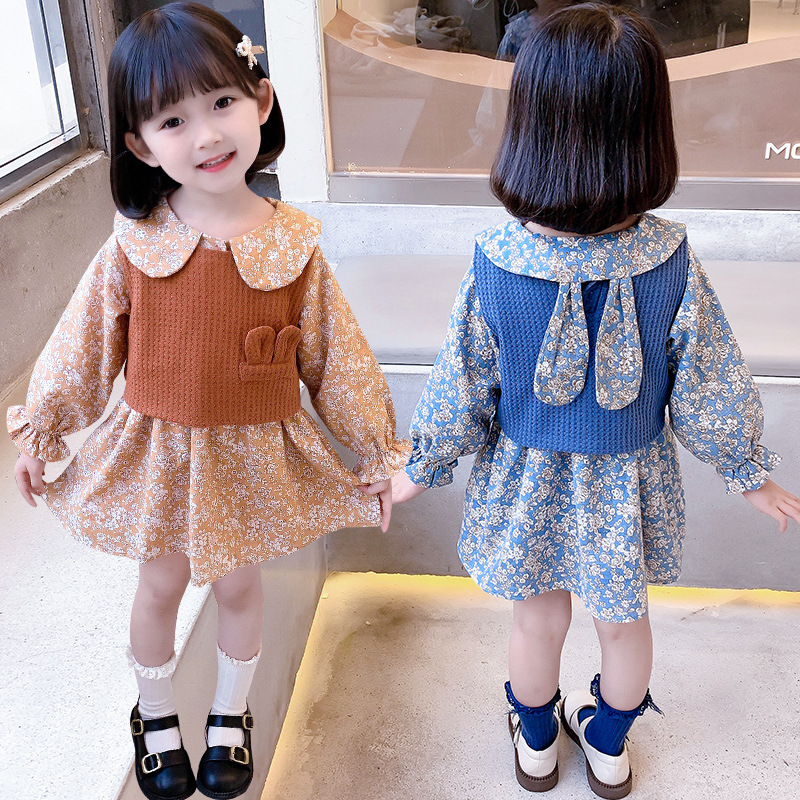 儿童春秋长袖套装2026网红毛线马甲兔耳朵棉布连衣裙小女孩两件套