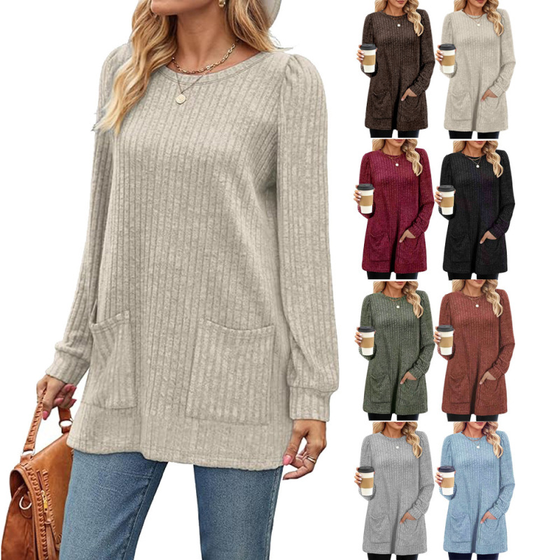 Amazon European and American Cross-Border Autumn and Winter New Supply Mid-Length Knitwear Round Neck Pit Strip Solid Color Pocket Gown for Women Amazon European and American Cross-Border Autumn and Winter New Supply Mid-Length Knitwear Round Neck Pit Strip Solid Color Pocket Gown for Women