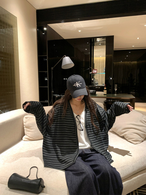 2025新款慵懒风条纹长袖外套女装秋季复古盐系宽松单排扣开衫上衣|undefined