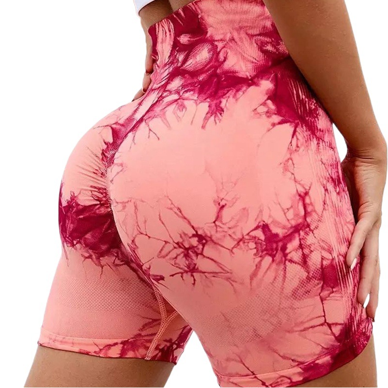 Verano europeo y americano pantalones de fitness de tres puntos teñidos de mujeres cintura alta Levantamiento de cadera deportes apretados correr melocotón vientre contracción yoga shorts