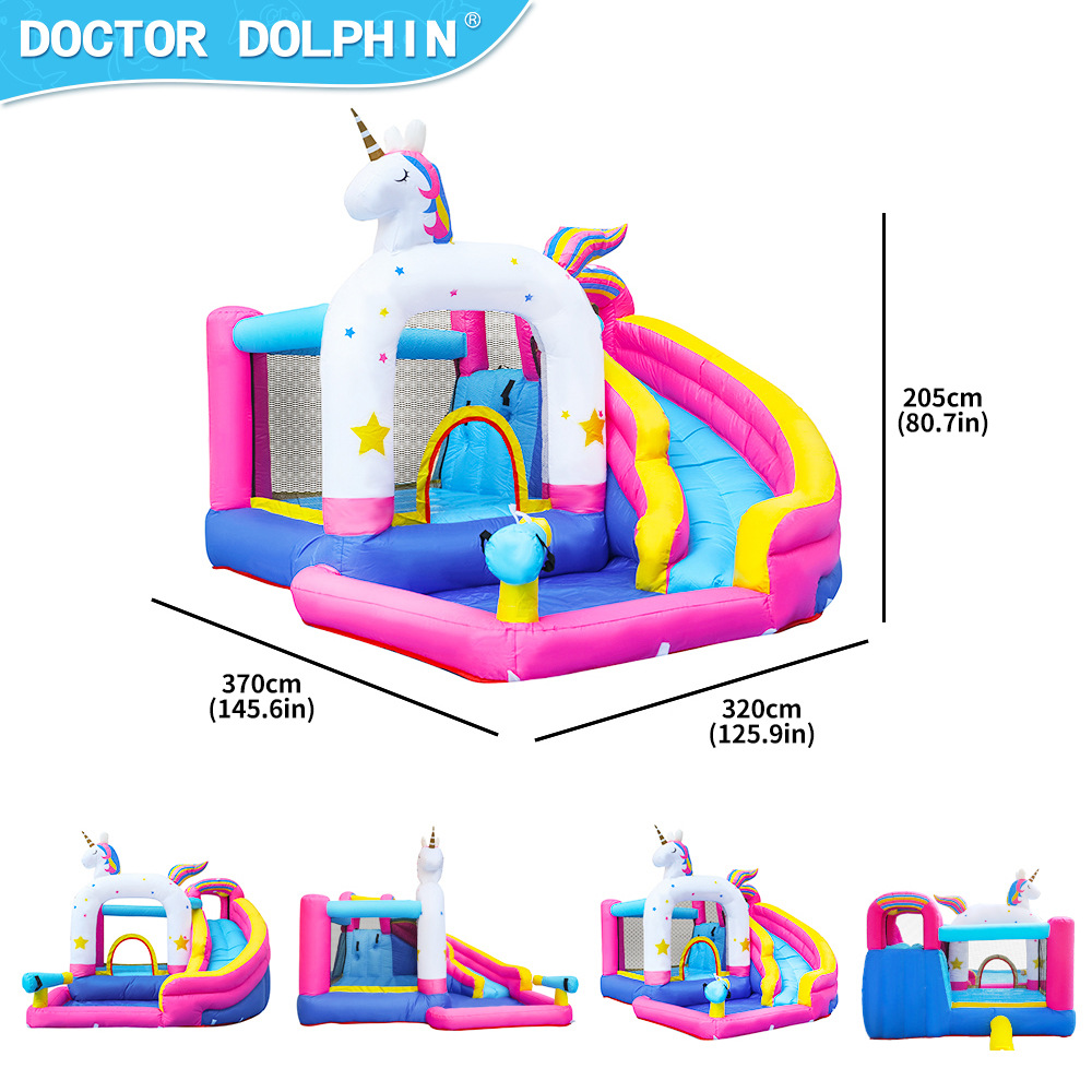 Castillo inflable infantil Unicornio Doctor Delfín, pequeño castillo inflable para casa con tobogán y cama elástica combinados, juguete.