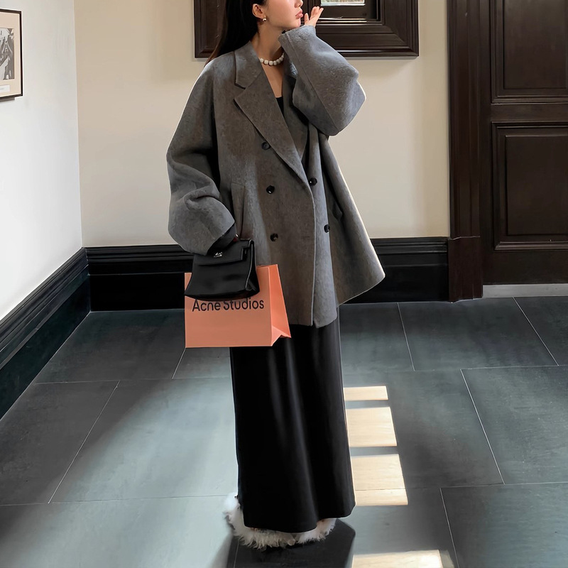 预售羊毛双面呢大衣女冬季宽松设计感小个子短款呢子外套|undefined