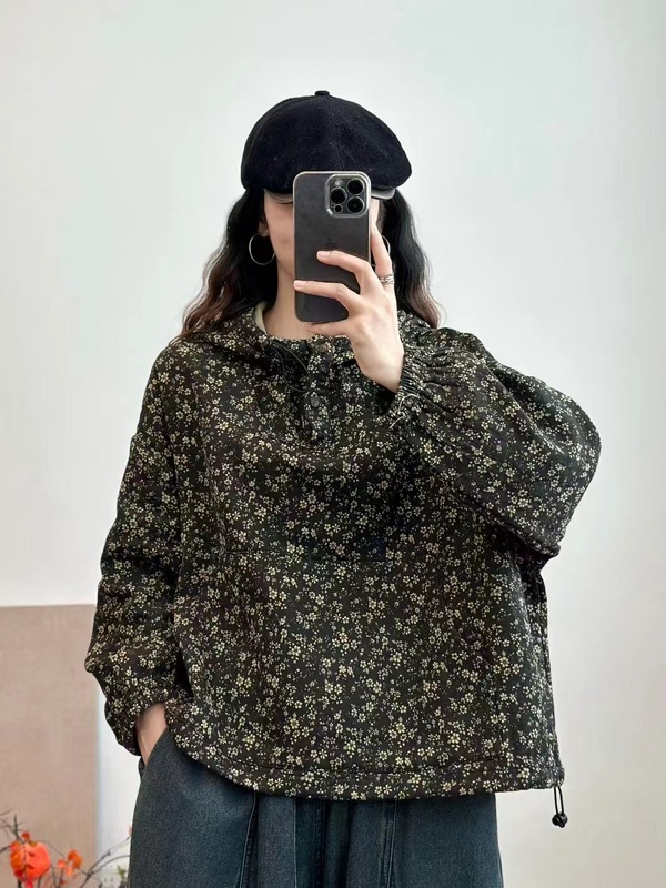古咖服饰秋季新款复古棉麻印花连帽外套女文艺碎长袖宽松套头上衣|undefined